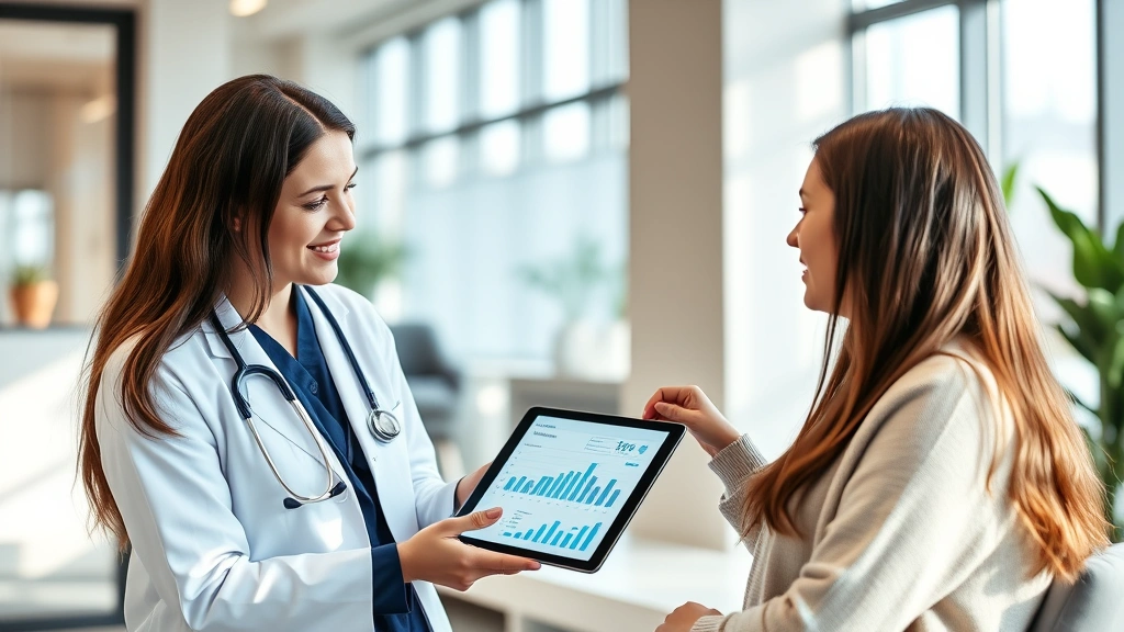 Professional healthcare provider in modern clinic setting consulting with patient on tablet showing wellness progress charts and digital health metrics, bright natural lighting, contemporary office environment
