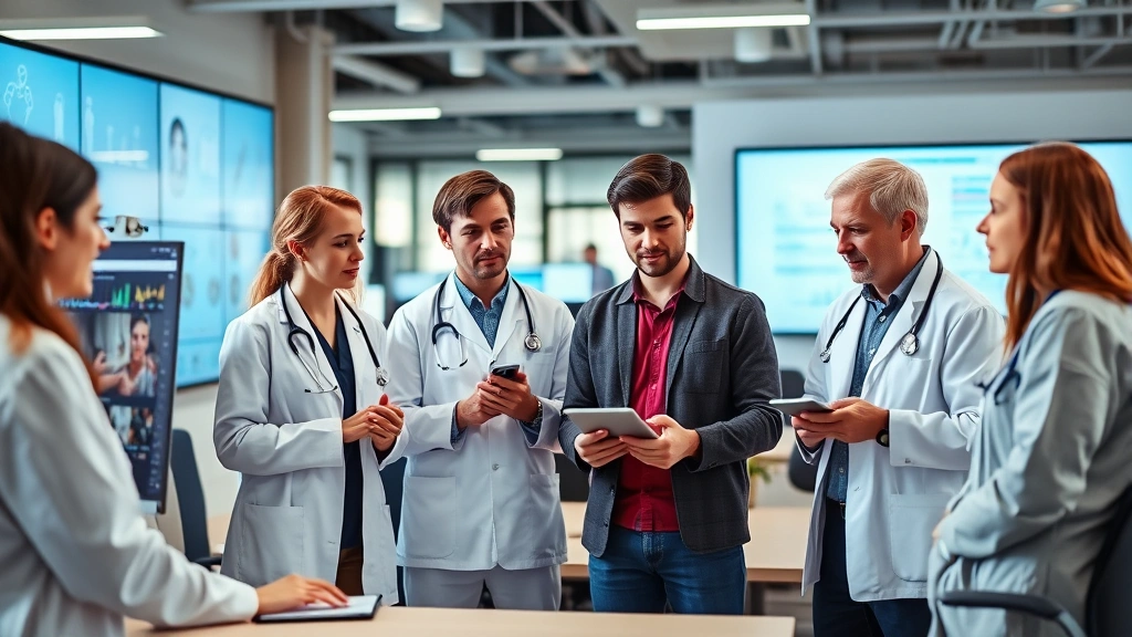 Diverse team of healthcare professionals and software engineers collaborating in modern open office space with digital displays, casual professional attire, engaged discussion around health technology solutions