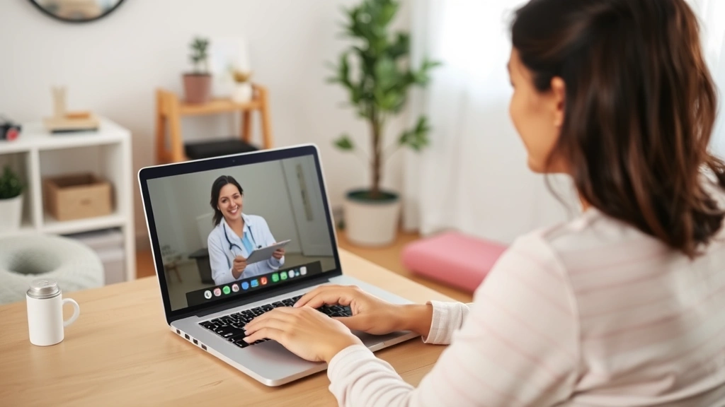 Woman physical therapist conducting virtual telehealth session via laptop with patient, home office setup with wellness equipment visible, warm professional environment demonstrating digital care delivery
