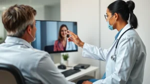 Professional healthcare provider in white coat conducting virtual consultation with patient using secure telemedicine platform displayed on modern computer screen in clean clinical office