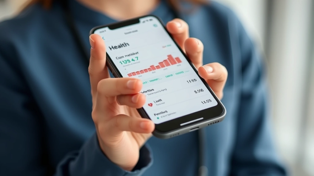 Close-up of person's hands holding smartphone displaying health metrics and biomarker results from laboratory testing, representing personalized data-driven healthcare approach