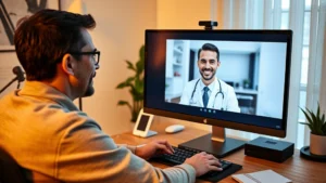 Professional male patient in home office during video consultation with doctor on computer screen, warm lighting, modern minimalist desk setup, confident expression, authentic telemedicine moment