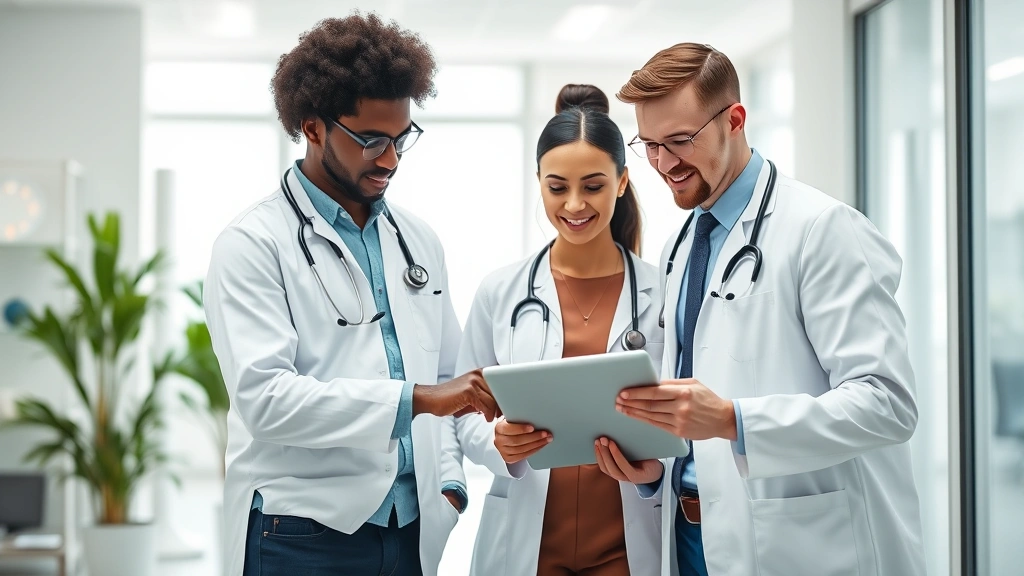 Diverse healthcare team in modern clinic reviewing patient data on tablet together, collaborative professional environment, focused expressions, contemporary medical office setting with natural light