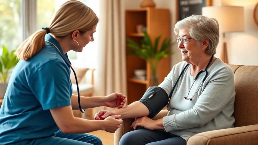 Senior woman receiving blood pressure check from healthcare nurse in comfortable home living room setting, warm natural lighting, patient seated in armchair, nurse in professional uniform with stethoscope