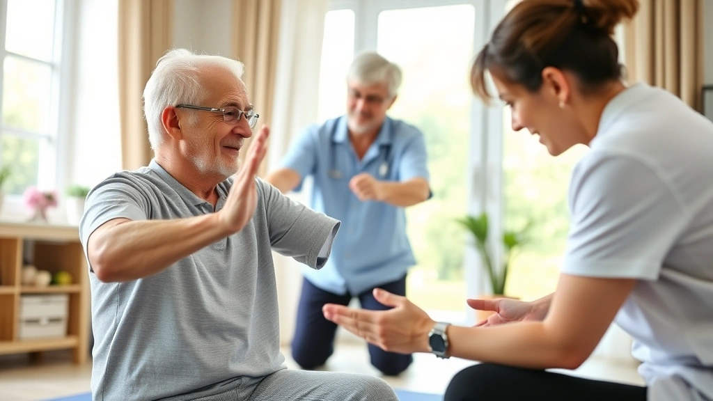 Elderly man performing physical therapy exercises with professional therapist in home environment, bright window background, exercise mat visible, therapist providing guidance and support