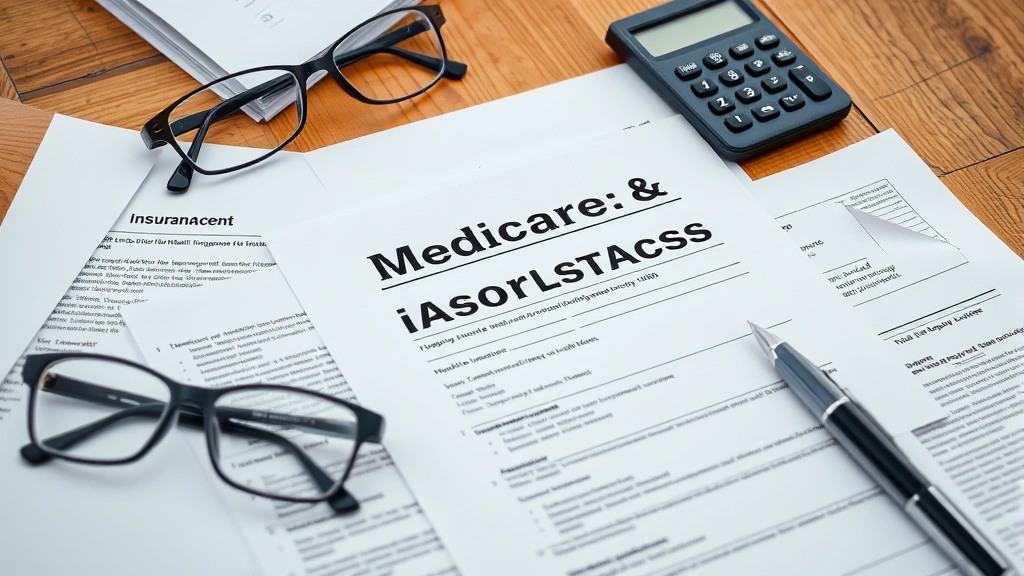 Medicare and health insurance documents spread on wooden table with reading glasses, pen, and calculator nearby, natural soft lighting, organized financial planning materials