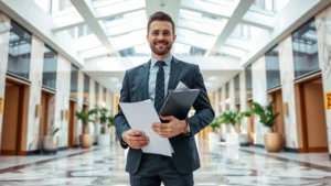 Affluent investor standing in modern apartment lobby with marble floors and skylights, holding property documents and tablet, confident professional attire, natural daylight, urban background