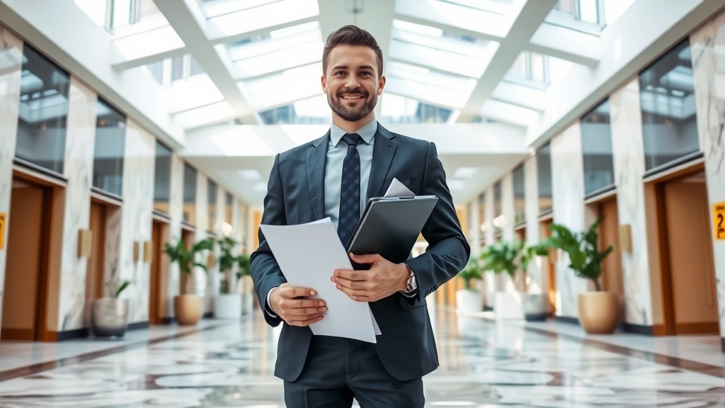 Affluent investor standing in modern apartment lobby with marble floors and skylights, holding property documents and tablet, confident professional attire, natural daylight, urban background