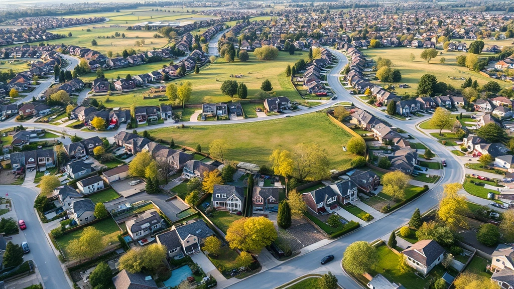 Overhead view of residential neighborhood with diverse homes, green spaces, and winding streets showing community development and property appreciation potential, suburban landscape, clear weather