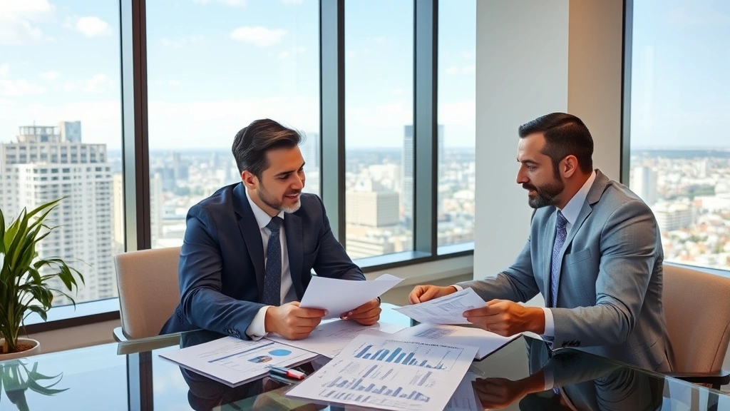 Financial advisor and client reviewing real estate portfolio spreadsheets in modern office with city skyline visible through windows, professional atmosphere, wealth-building focus