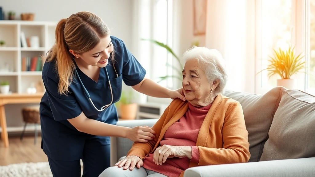 Elderly woman receiving compassionate in-home care assistance from a professional caregiver in a bright, comfortable living room with natural sunlight streaming through windows