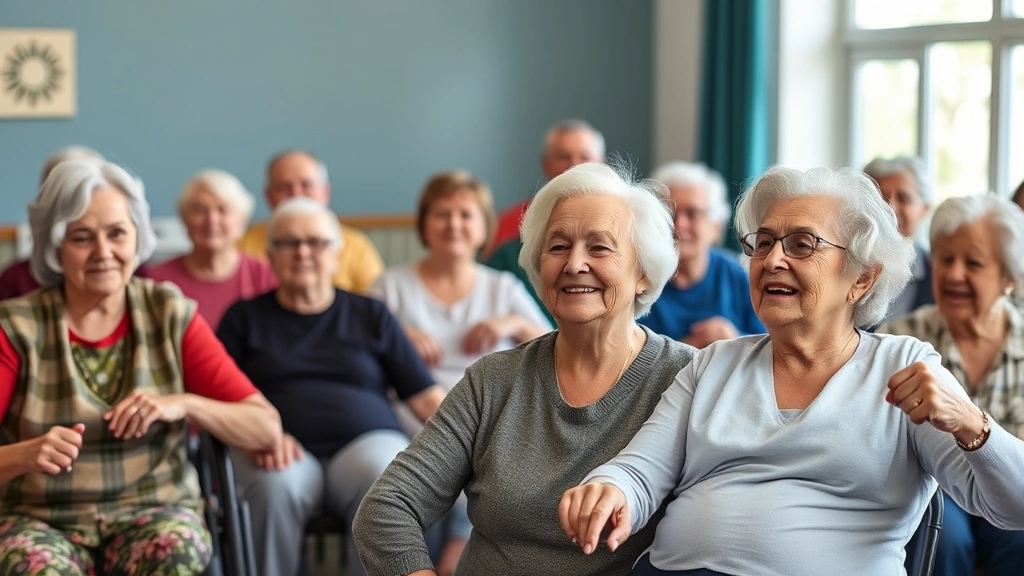 Diverse group of seniors engaged in wellness activities at a community center, showing vitality and independence supported by health services