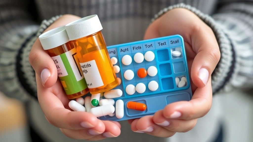 Close-up of hands holding medication bottles and a daily pill organizer, representing medication management and health support services