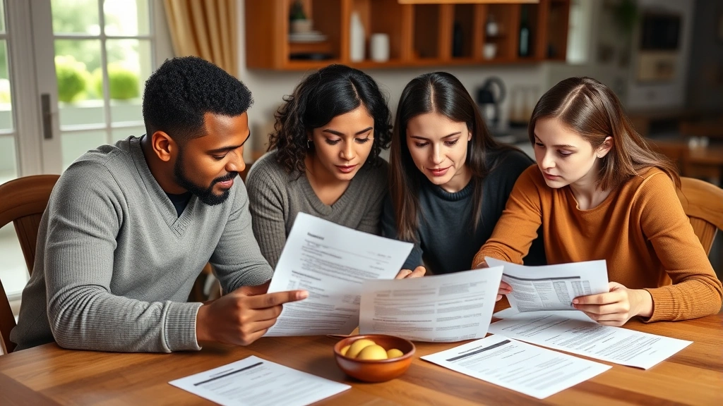 Diverse family of four sitting together reviewing healthcare bills and insurance paperwork at dining table, warm home environment, focused and engaged expressions