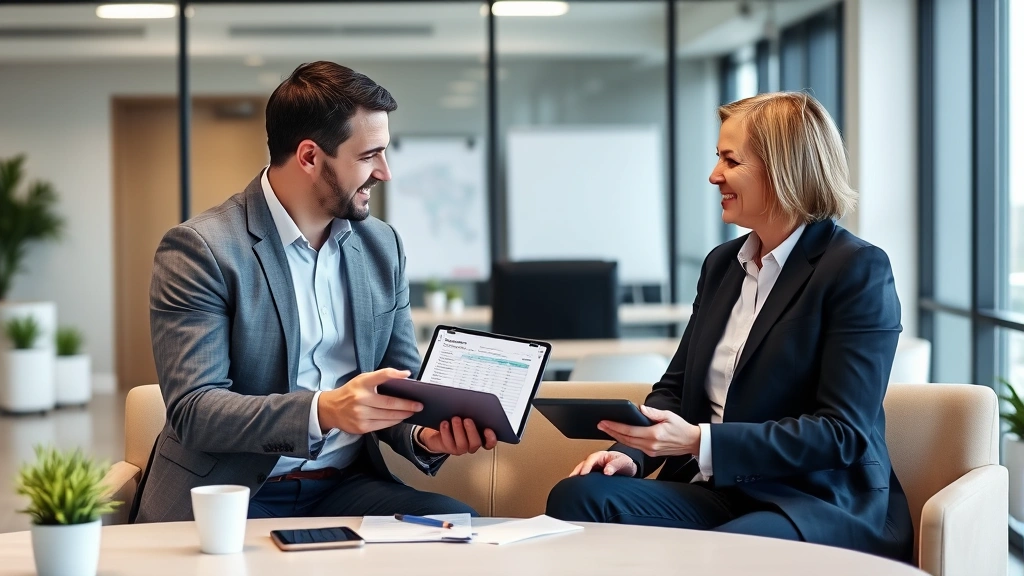 Financial advisor or healthcare consultant discussing insurance options with client in modern office setting, pointing to comparison chart on tablet, professional attire, collaborative atmosphere