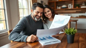 Photorealistic image of a diverse married couple sitting at a wooden table reviewing financial documents and charts together, smiling with confidence and teamwork