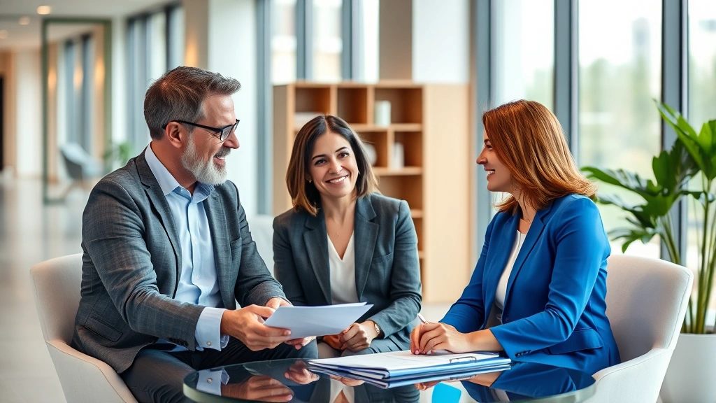 Photorealistic image of a couple meeting with a professional financial advisor in a modern office, discussing investment strategies and wealth-building plans