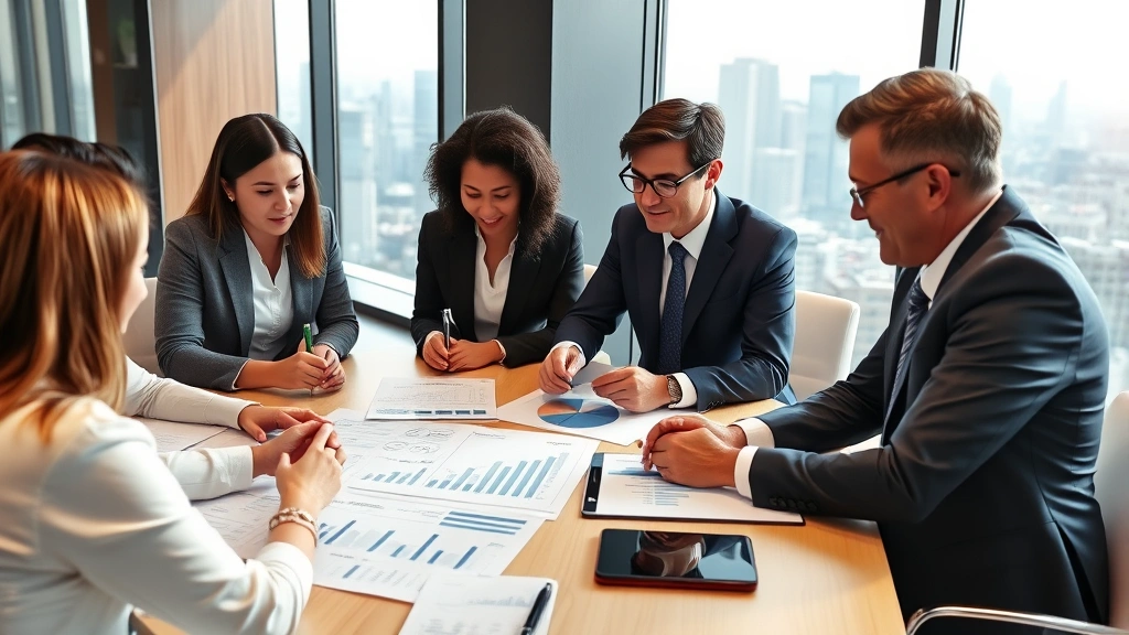 Diverse group of professionals in business attire collaborating around conference table with financial charts and growth graphs, modern office environment with city skyline background