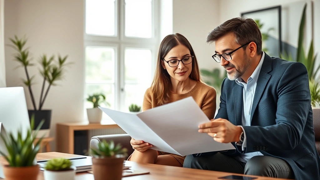 Successful middle-aged couple reviewing retirement planning documents with financial advisor in contemporary home office, sunlit workspace with plants and professional decor