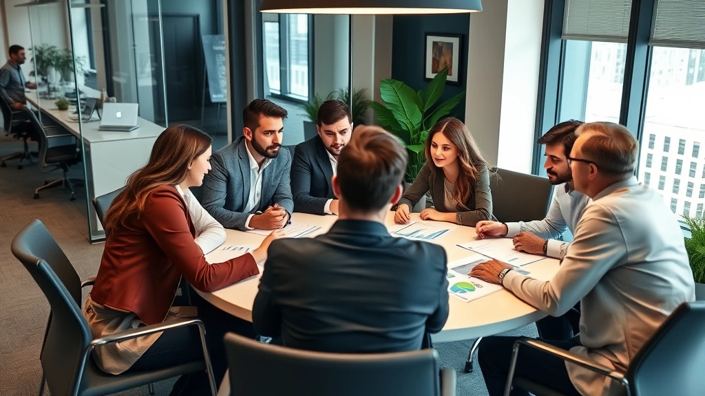 Diverse group of professionals in business casual attire discussing investment strategy around conference table with charts and documents, collaborative learning atmosphere, modern corporate office