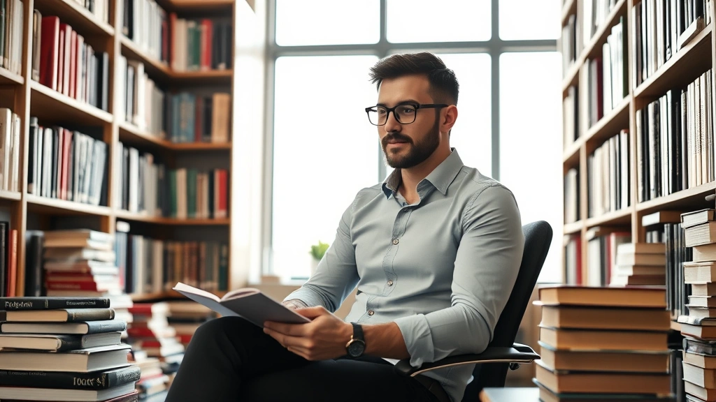 Successful entrepreneur sitting in library surrounded by business books, taking notes, contemplative pose, morning light through windows, intellectual growth environment
