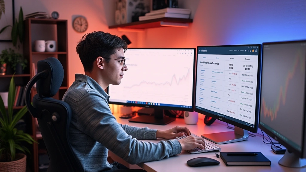 Young professional working at home office desk with multiple income streams displayed on monitors showing freelance work, side business, and investment accounts