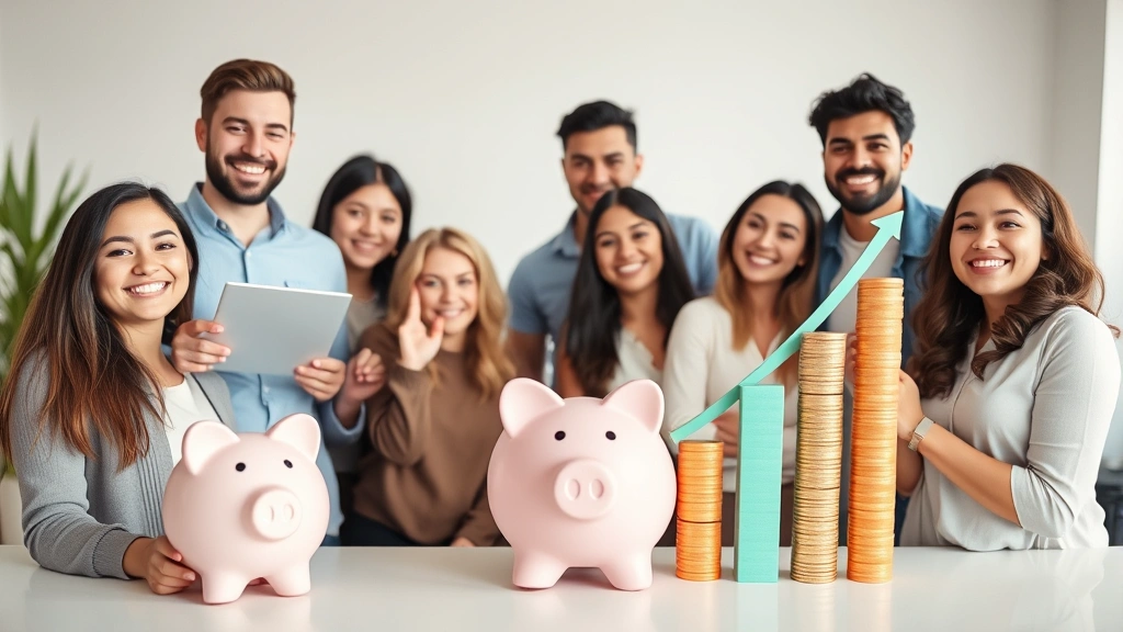 Diverse group of people celebrating financial milestone with piggy bank, calculator, and upward trending financial growth visualization in contemporary setting