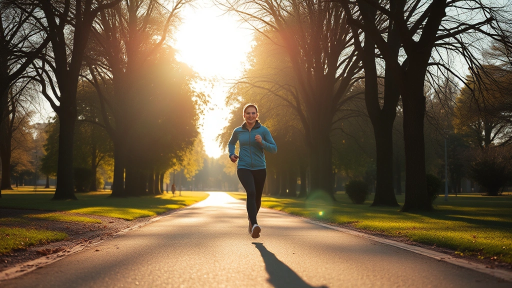 Person jogging in morning sunlight through park, healthy active lifestyle, fit individual exercising outdoors, trees and natural landscape, energetic wellness activity