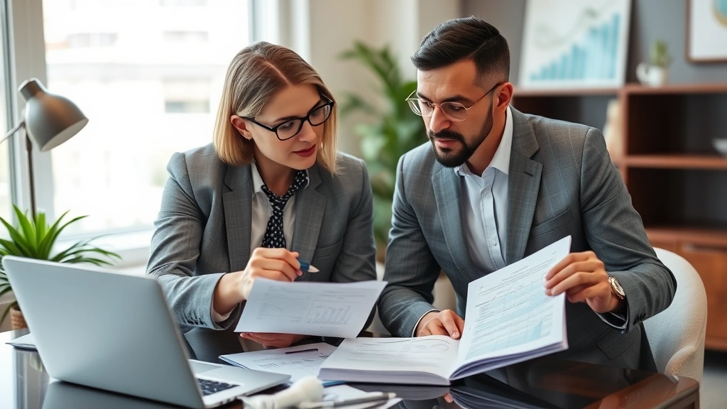 Financial advisor and client reviewing healthcare and retirement planning documents together, professional office setting, discussing charts and financial strategy, collaborative wealth planning meeting