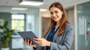 Professional woman in business attire reviewing health test results on tablet in modern medical office, bright natural lighting, confident expression