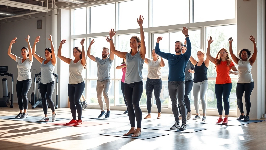 Diverse group of professionals exercising together in bright gym, natural light streaming through windows, showing vitality and wellness commitment