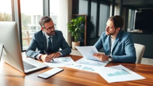 Professional financial advisor reviewing investment portfolio with client at modern office desk, displaying growth charts and asset allocation strategy documents