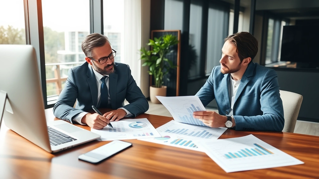 Professional financial advisor reviewing investment portfolio with client at modern office desk, displaying growth charts and asset allocation strategy documents
