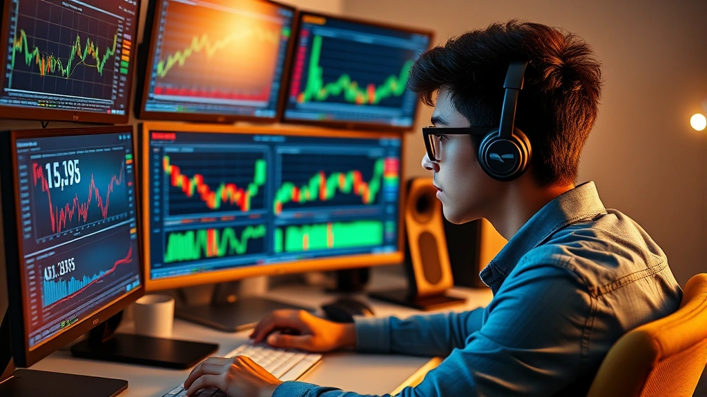 Young diverse investor studying market trends on multiple computer screens with financial data visualizations, representing portfolio management and research