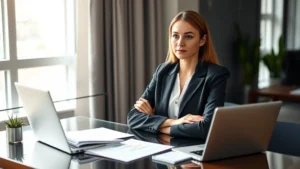 Professional woman in business attire sitting peacefully at a desk with financial documents and a laptop, natural morning light from window, calm and focused expression, modern office setting
