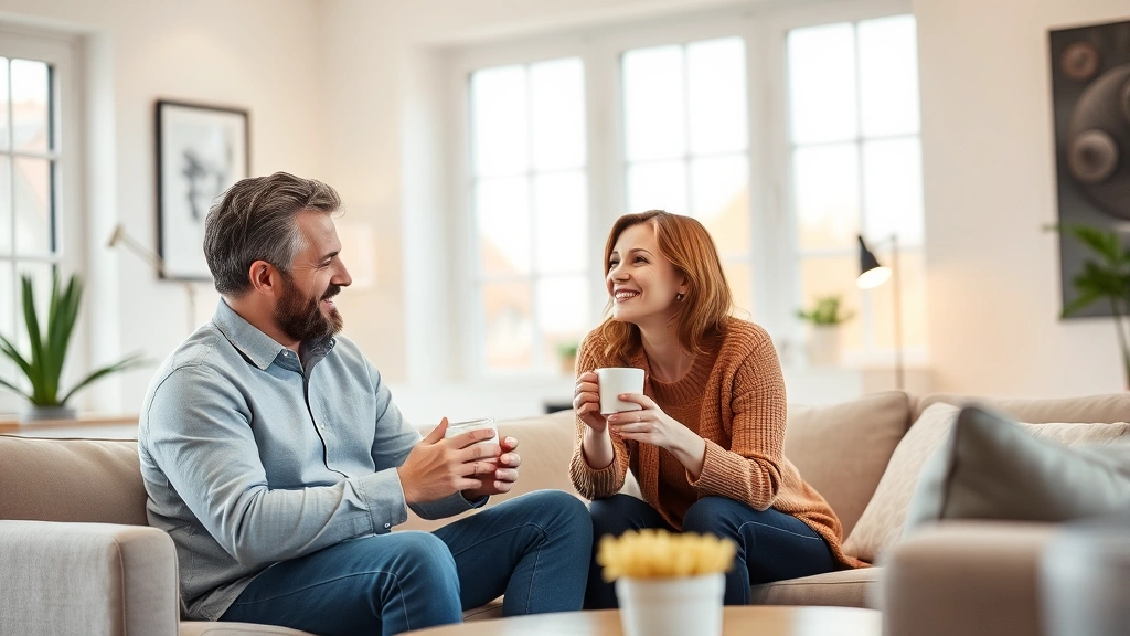 Man and woman having a supportive conversation over coffee in a bright, minimalist living room, comfortable seating, warm lighting, genuine connection and trust visible in their interaction