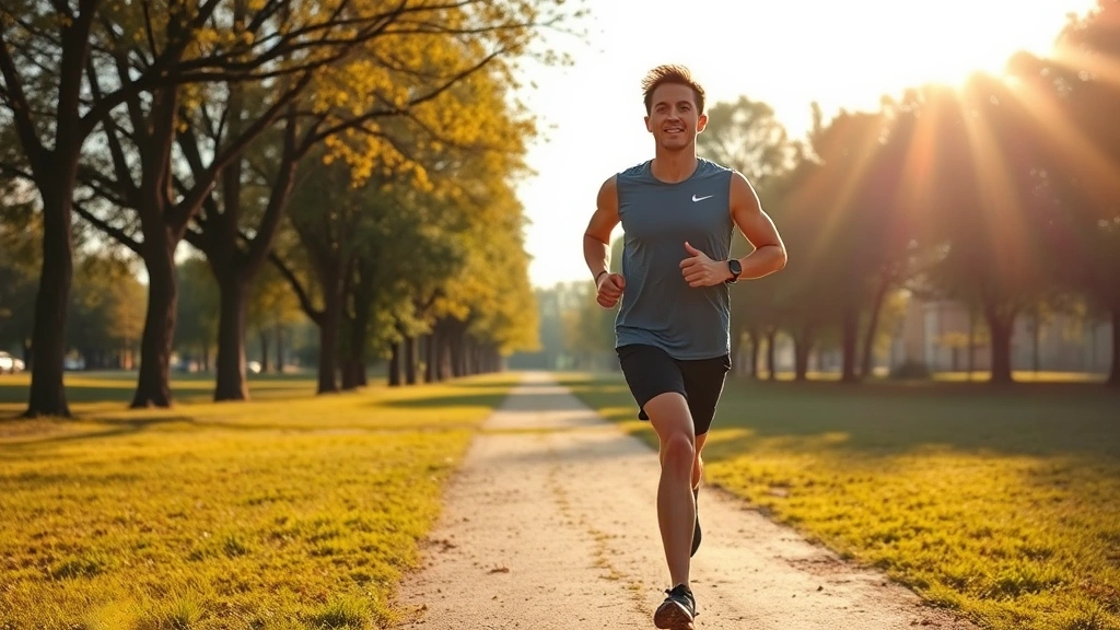 Person jogging outdoors on a sunny morning through a park with trees, athletic wear, energetic but peaceful expression, natural landscape, representing wellness and mental clarity