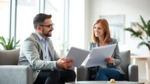 Professional financial advisor meeting with young couple reviewing investment portfolio and retirement planning documents in modern office with natural lighting