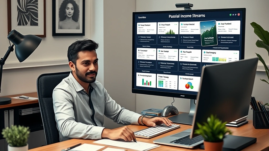 Successful entrepreneur working at desk with multiple income streams displayed, showing passive income sources and diversified business ventures on computer screen