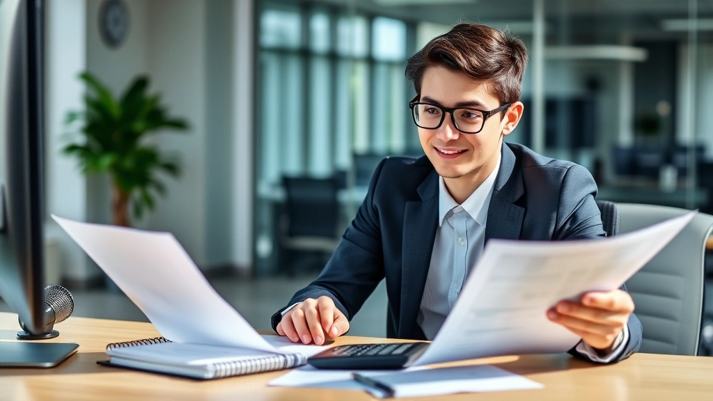 Young professional at desk reviewing financial documents and calculator, confident expression, modern office setting, natural daylight, professional attire