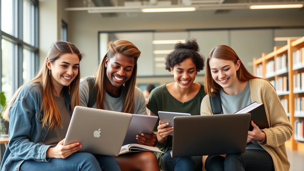 Diverse group of college students studying together with laptops and notebooks in bright campus library, collaborative atmosphere, smiling engaged faces