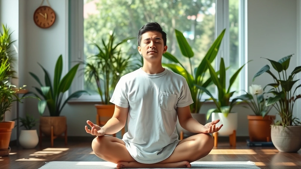 Person meditating in peaceful wellness space with plants and natural light, representing financial stress relief and mental health benefits