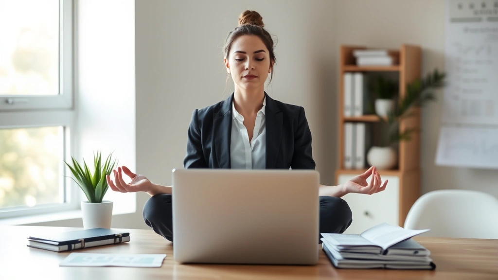 Professional woman meditating at desk with laptop and financial documents, natural window light, calm workspace environment, representing mental clarity for financial decisions