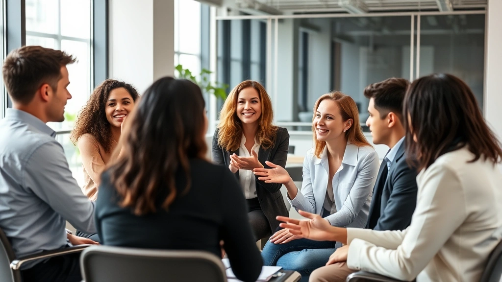 Diverse group of professionals in collaborative meeting discussing career growth and wellness, positive body language, modern office setting, emphasizing healthy workplace culture