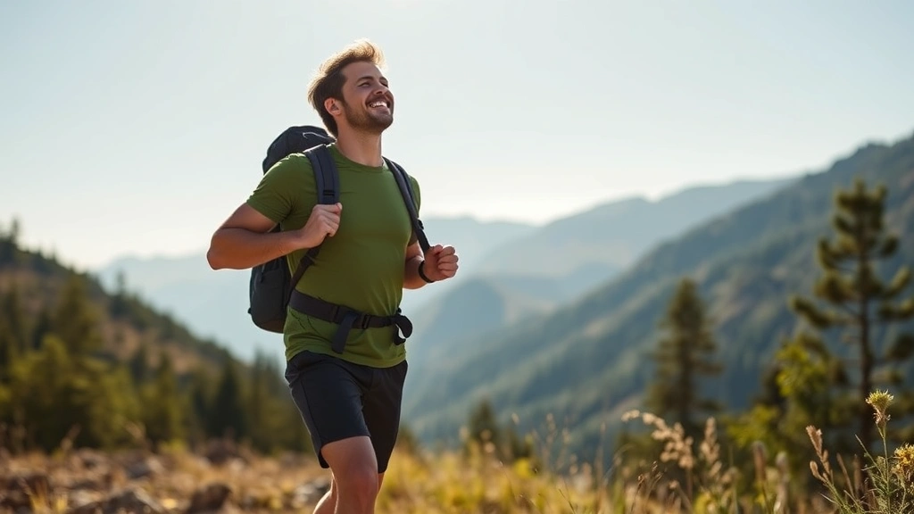 Person hiking in nature with clear sky, appearing peaceful and energized, mountains in background, symbolizing mental wellbeing and life balance supporting wealth building