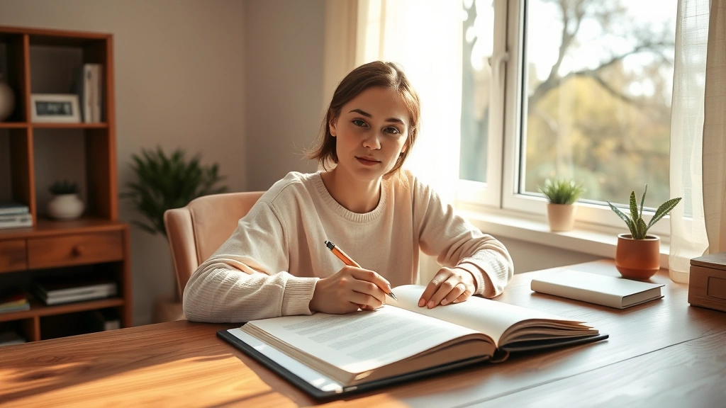 A person sitting at a wooden desk with an open journal and pen, warm natural sunlight streaming through a window, peaceful home office environment, soft neutral colors, focused calm expression, morning journaling session