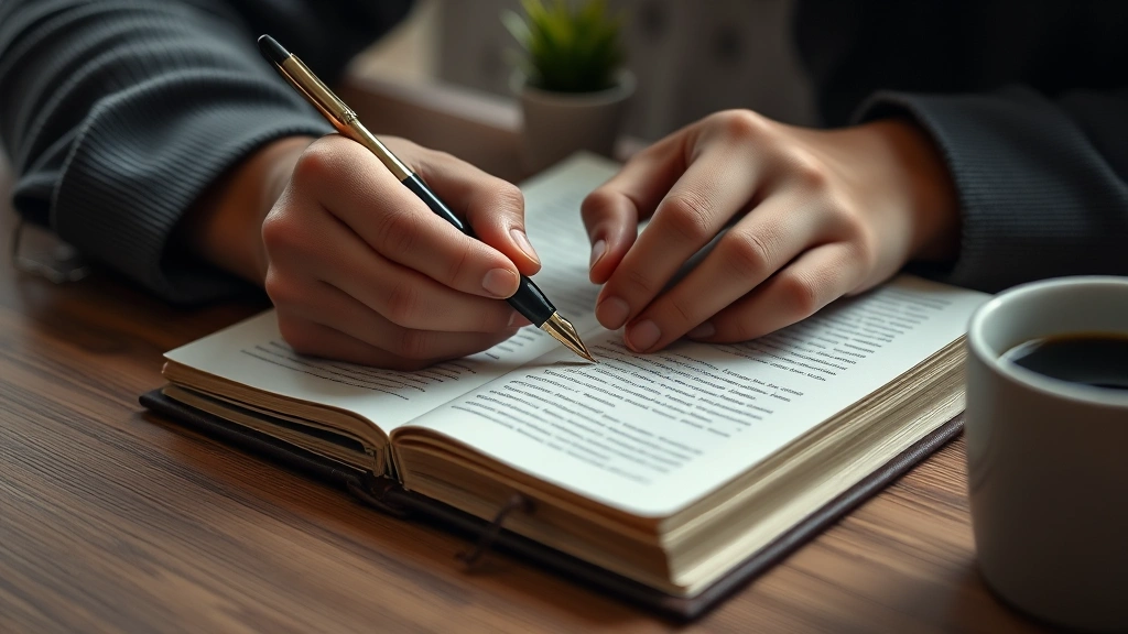 Close-up of hands writing in a leather-bound journal with a fountain pen, desk with coffee cup and small plant, minimalist aesthetic, warm lighting, genuine moment of reflection and personal growth