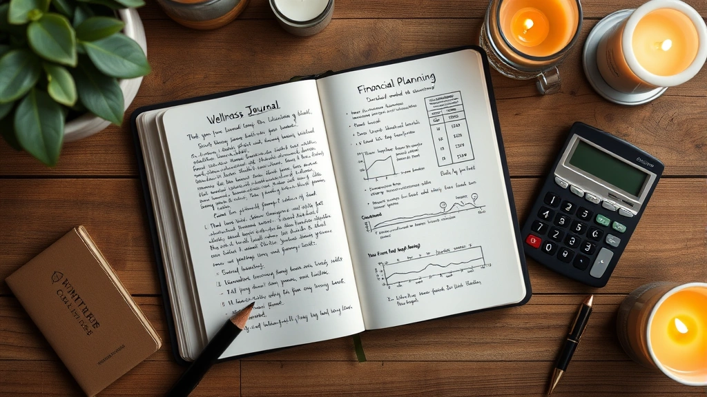 Overhead view of a completed journal page with handwritten notes and financial planning sketches, calculator nearby, organized workspace with wellness elements like candles, representing integrated wealth and wellness practice