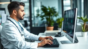 Professional healthcare worker at desk logging into secure medical software on computer, modern office setting, natural lighting through window, focused expression on face, hands on keyboard