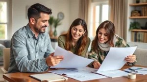 Professional military family in civilian clothes reviewing healthcare documents at home, organized paperwork on table, warm home office setting, natural lighting, genuine expressions of financial planning and organization, wealth building atmosphere
